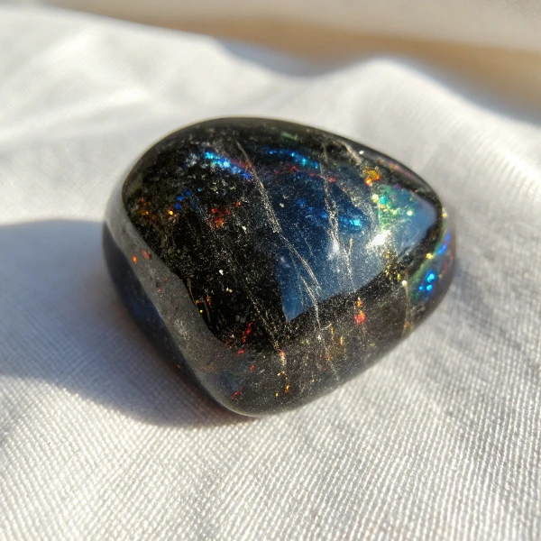 Nuummite Iridescent Colors Close-up of nuummite stone displaying multi-colored iridescence including gold bronze blue and green schiller effect
