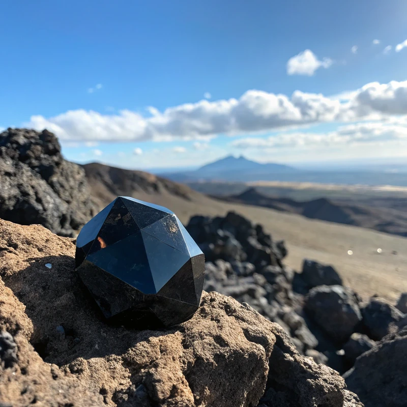 Obsidian gemstone specimen showing characteristic volcanic glass texture and black color